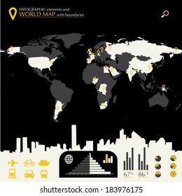 World map with countries and infographic elements in editable vector format