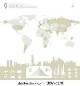 World map with countries and infographic elements in editable vector format