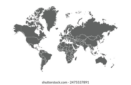 Mapa del mundo con países aislados sobre fondo blanco. para diseños de Sitio web, fondo, educación, preciso, personalizable, Viajes por todo el mundo, mapa silueta de fondo, geografía de la tierra, política, informes