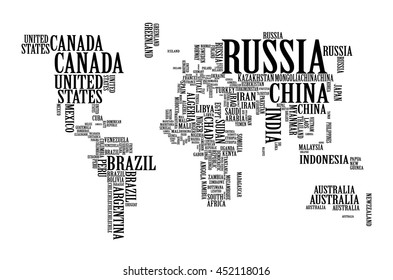 World Map with Countries name Text or Typography