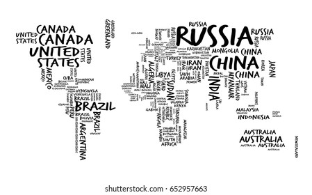 World Map with Countries name Text or Typography, Hand drawn sketch style