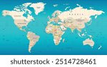 World map with countries names and seas. World map with grid . world map illustration with names
