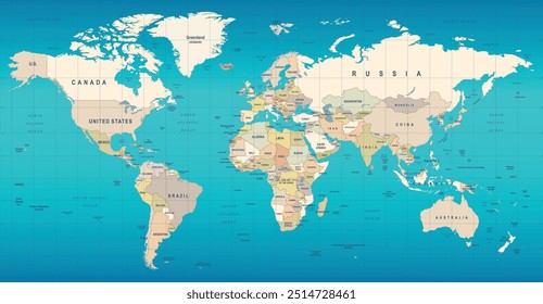 World map with countries names and seas. World map with grid . world map illustration with names