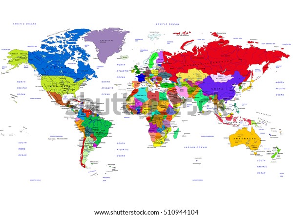 世界地図の国 ベクターイラスト 国名と都市名は別々に重なっている 白い背景に のベクター画像素材 ロイヤリティフリー