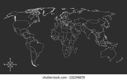 World map countries white outline gray with north arrow EPS10 vector