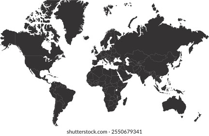 Mapa mundial con Country Black, Mapa mundial, Mapa geográfico, Mapa de Country, Línea fronteriza de Country, Asia, África, Europa, América del Norte, América del Sur, Australia Oceanía