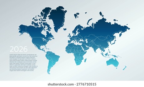 World Map with country borders. 2026 year sample text. Silver background. Vector for business, web design, page, cover, global presentation, report, media