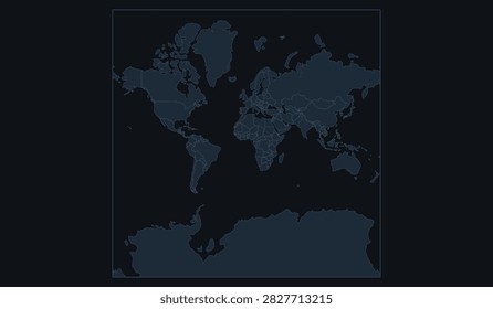 World map with country borders, dark blue minimalist design, vector illustration of global geography for business, travel, and educational presentations, highquality cartographic graphic