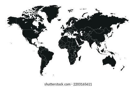 World Map With Country Borders. Detailed Outline Political World Map. Silhouette Vector Style. World Map Template for Travel worldwide, Annual Report, Infographics Etc.