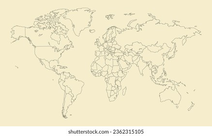 World Map With Country Borders. Detailed Outline Political World Map Vector Vintage Design Style.