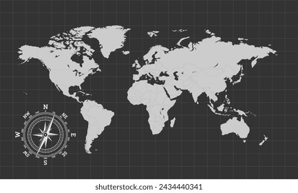 World map with country borders on a gray background. Detailed map of the world with compass and grid. Vector illustration.