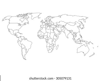 World map with country borders, thin black outline on white background
