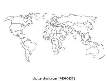 World map with country borders, thin black outline on white background