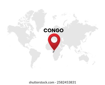 World map with country Congo on White Background. Congo Highlighted with Location Symbol. Vector Illustration of Map and Pin Location of Congo Country.