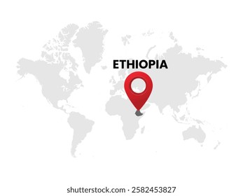 World map with country Ethiopia on White Background. Ethiopia Highlighted with Location Symbol. Vector Illustration of Map and Pin Location of Ethiopia Country.
