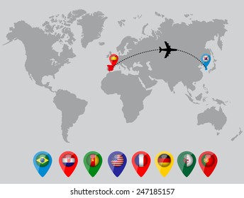 World map with country flag pins