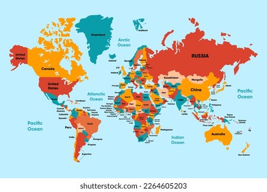 Mapa mundial con nombre del país y territorio detallado de los colores del país