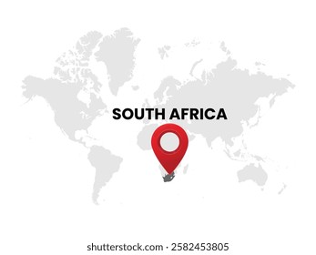 World map with country South Africa on White Background. South Africa Highlighted with Location Symbol. Vector Illustration of Map and Pin Location of South Africa Country.