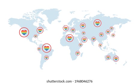 World map covered by rainbow hearts vector flat illustration. Colorful continents and countries. LGBTQ, pacifism, peace, and love. Multicolored map for diversity, equality, and tolerance.