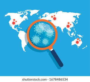 Mapa mundial con diseño de la localización de la enfermedad en el 19% y de la lupa de los vectores de vidrio