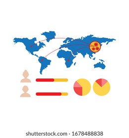 world map with covid 19 information and icons, flat style icon vector illustration design