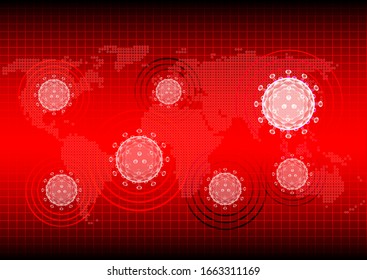 World Map and COVID19 virus Red background
