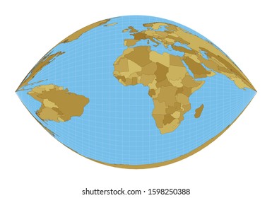 World map in Craig retroazimuthal projection with meridians on a blue background. Vector illustration.