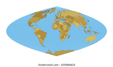 World Map. Craster parabolic projection. Map of the world with meridians on blue background. Vector illustration.