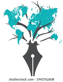 World map created by fountain pen. The woman takes the burden of the world on her back. Vector tree, fountain pen and world. Silhouette of woman giving birth to the world.