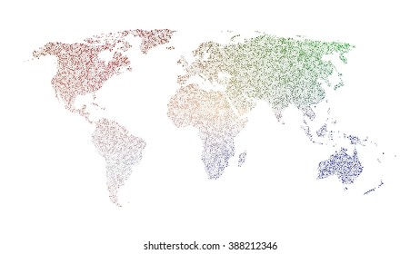 world map created from color dots with different size