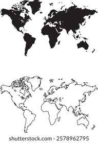 World map created with sleek black and white line art for a modern look.