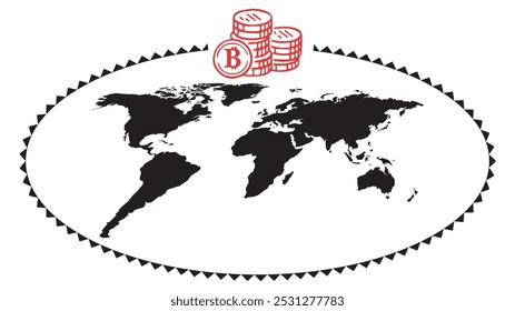 Mapa mundial con concepto de moneda con Bitcoin, Ilustración vectorial Abstractas Imagen editable