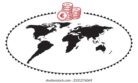 Mapa mundial con concepto de moneda con euro, Ilustración vectorial Abstractas Imagen editable