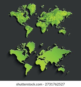 A world map cut out of green paper. A set of political maps of the world on a gray background.