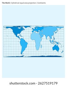 World Map. Cylindrical equal-area projection. Continents style. High Detail World map for infographics, education, reports, presentations. Vector illustration.