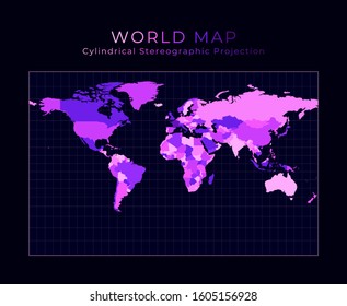 World Map. Cylindrical stereographic projection. Digital world illustration. Bright pink neon colors on dark background. Amazing vector illustration.