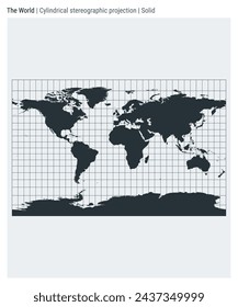 World Map. Cylindrical stereographic projection. Solid style. High Detail World map for infographics, education, reports, presentations. Vector illustration.