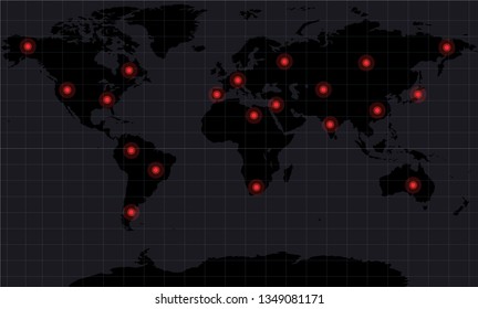 World Map With Danger Signs Around The World. Symbols Launch Weapons Or Military Action. Hot Spot. Black Background, Radar Style