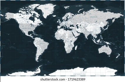 World Map - Dark Black Political - Vector Detailed Illustration