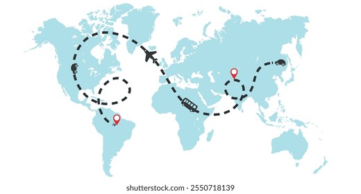 Mapa do mundo com trajetos de viagem tracejados e pinos de localização em azul e preto em um fundo branco.