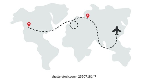 Mapa do mundo com trajetos de viagem tracejados e pinos de localização em azul e preto em um fundo branco.