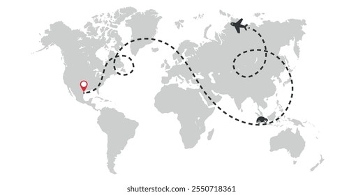 Mapa do mundo com trajetos de viagem tracejados e pinos de localização em azul e preto em um fundo branco.