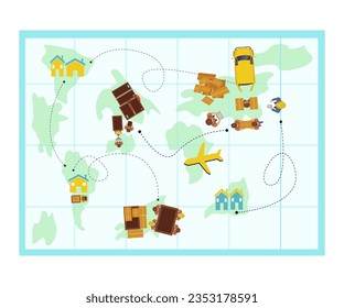 World map with delivery routes vector illustration. Couriers carrying boxes to delivery trucks, planes and warehouses, shipping orders to customers. Logistics, international delivery concept