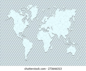 World map depicted in white with cracked earth texture over a patterned base in soft gray and white, suggesting global environmental fragility.