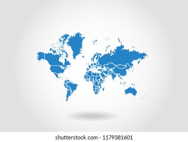 world map design with 3D style. Blue world map and National flag. Simple vector map with contour, shape, outline, on white.