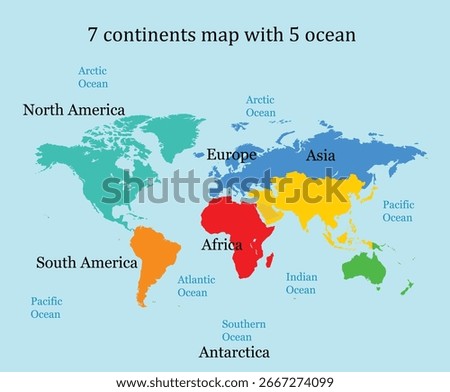 world map design color full map 7 continental 5 ocean Continents, oceans. Colored world map. North, South, America, Europe, Africa, Asia, Australia, Antarctica. Five oceans, Pacific Atlantic Arctic, 