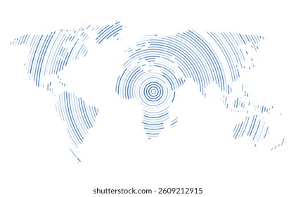World map design made of blue concentric lines forming a global abstract technology concept. World map line global network illustration.