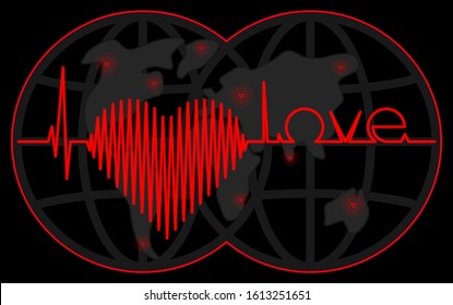 World map destination. Electrocardiogram Love. Vector illustration