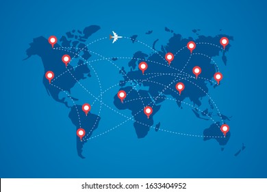 World map with destination marker pins and plane travel routs. Top view airplane with flight paths between continents vector blue eps illustration