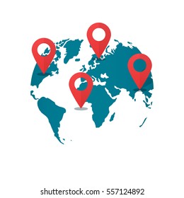 World map with destination pins vecto, concept of global gps transportation logistic, find geo location pointer, geolocation, shipping marker, location international shipping navigation, delivery